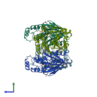 PDB entry 2gcu coloured by chain, side view.