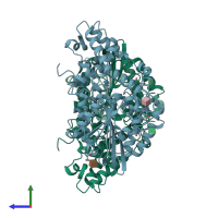 PDB entry 2gfi coloured by chain, side view.