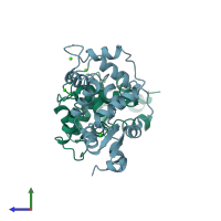 PDB entry 2ggz coloured by chain, side view.