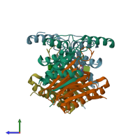 PDB entry 2gl9 coloured by chain, side view.