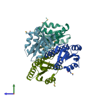 PDB entry 2gm5 coloured by chain, side view.