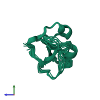 PDB entry 2gmo coloured by chain, ensemble of 10 models, side view.