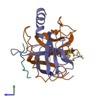 PDB entry 2gmt coloured by chain, side view.