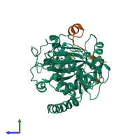 Hetero dimeric assembly 1 of PDB entry 2gnf coloured by chemically distinct molecules, side view.