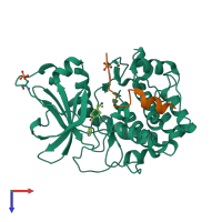 Hetero dimeric assembly 1 of PDB entry 2gnf coloured by chemically distinct molecules, top view.