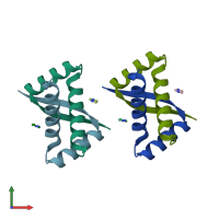 PDB entry 2gpe coloured by chain, front view.