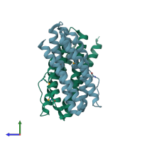 PDB entry 2gs4 coloured by chain, side view.