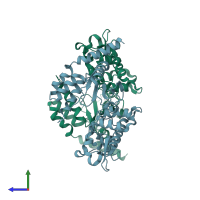 PDB entry 2gu0 coloured by chain, side view.