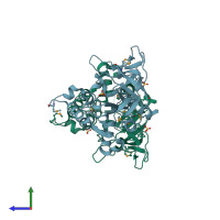 PDB entry 2gu2 coloured by chain, side view.