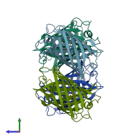 PDB entry 2gx0 coloured by chain, side view.