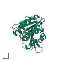 PDB entry 2gzs coloured by chain, side view.