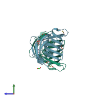 PDB entry 2h1t coloured by chain, side view.
