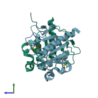PDB entry 2ha8 coloured by chain, side view.