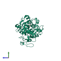 PDB entry 2hbl coloured by chain, side view.