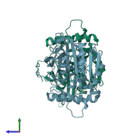 PDB entry 2hdw coloured by chain, side view.