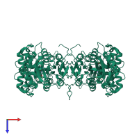 Homo tetrameric assembly 1 of PDB entry 2heg coloured by chemically distinct molecules, top view.