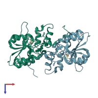 PDB entry 2heg coloured by chain, top view.