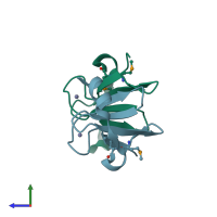 PDB entry 2hf1 coloured by chain, side view.