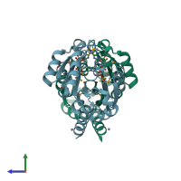 PDB entry 2hf8 coloured by chain, side view.