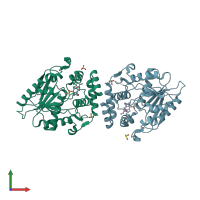 PDB entry 2hfk coloured by chain, front view.