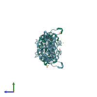PDB entry 2hfk coloured by chain, side view.