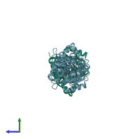 PDB entry 2hfs coloured by chain, side view.
