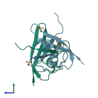 PDB entry 2hj1 coloured by chain, side view.