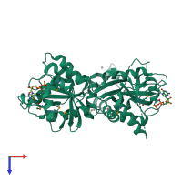 PDB entry 2hjg coloured by chain, top view.
