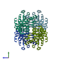 PDB entry 2hk0 coloured by chain, side view.