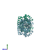 PDB entry 2hk2 coloured by chain, side view.
