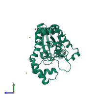 PDB entry 2hk6 coloured by chain, side view.