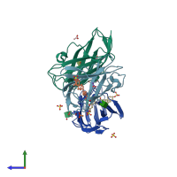 PDB entry 2hka coloured by chain, side view.