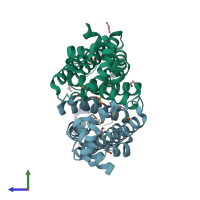 PDB entry 2hku coloured by chain, side view.