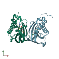 PDB entry 2hl1 coloured by chain, front view.