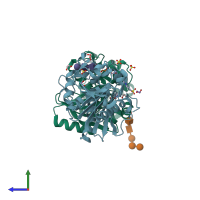 PDB entry 2hl6 coloured by chain, side view.