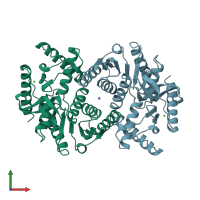 PDB entry 2hlp coloured by chain, front view.