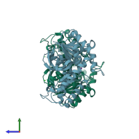 PDB entry 2hlp coloured by chain, side view.