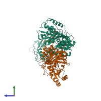 PDB entry 2hnd coloured by chain, side view.