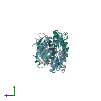 PDB entry 2ho4 coloured by chain, side view.