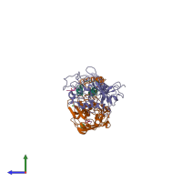 Hetero pentameric assembly 3 of PDB entry 2hod coloured by chemically distinct molecules, side view.