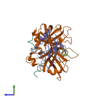 PDB entry 2hpp coloured by chain, side view.