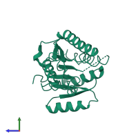 PDB entry 2hq1 coloured by chain, side view.