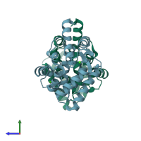 PDB entry 2hq8 coloured by chain, side view.