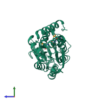 PDB entry 2hqb coloured by chain, side view.