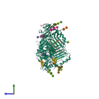 Homo dimeric assembly 1 of PDB entry 2hr7 coloured by chemically distinct molecules, side view.