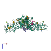 Homo dimeric assembly 1 of PDB entry 2hr7 coloured by chemically distinct molecules, top view.