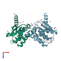 PDB entry 2hra coloured by chain, top view.