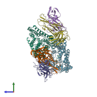 PDB entry 2ht2 coloured by chain, side view.