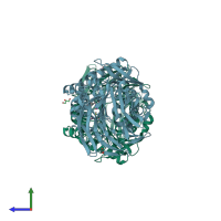 PDB entry 2hu5 coloured by chain, side view.