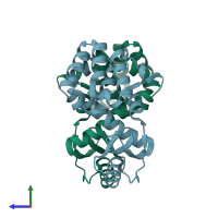 PDB entry 2hum coloured by chain, side view.